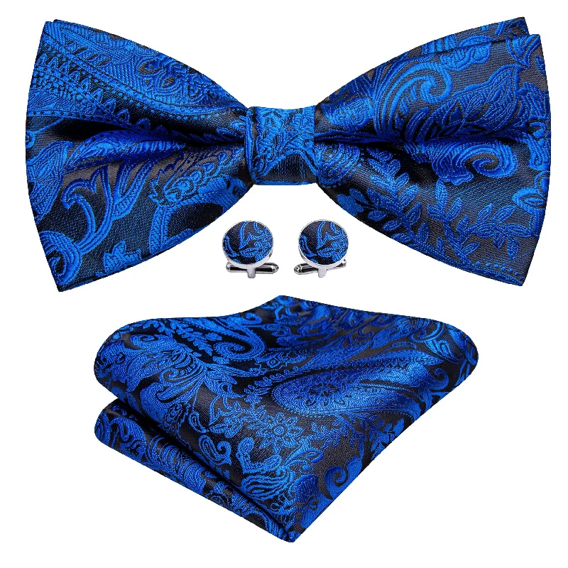 Peacock Blue Paisley Pre-tied Bow Tie Hanky Cufflinks Set