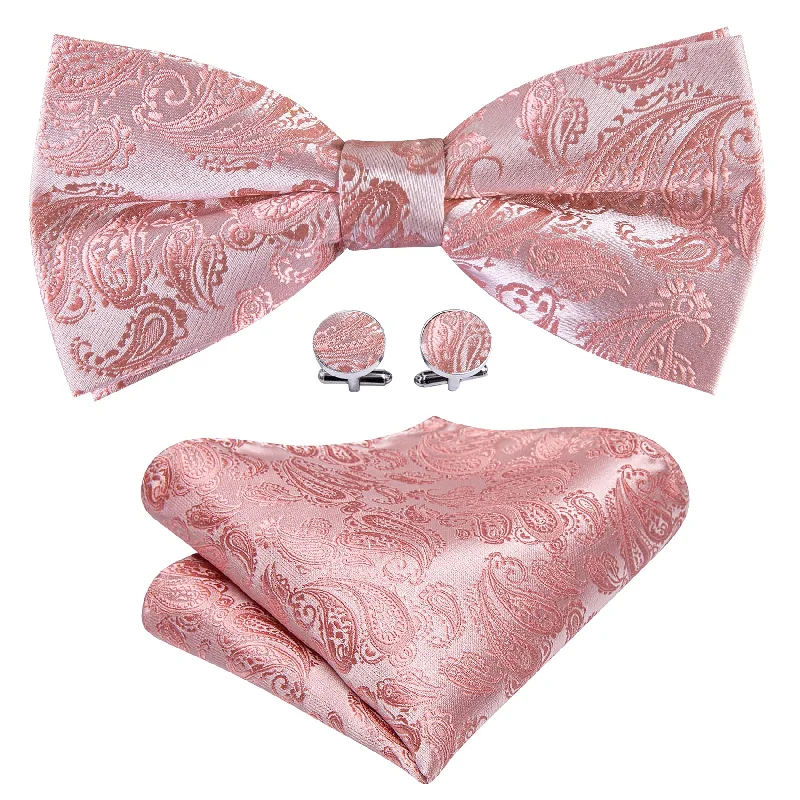 Pink Paisley Silk Bow Tie Hanky Cufflinks Set