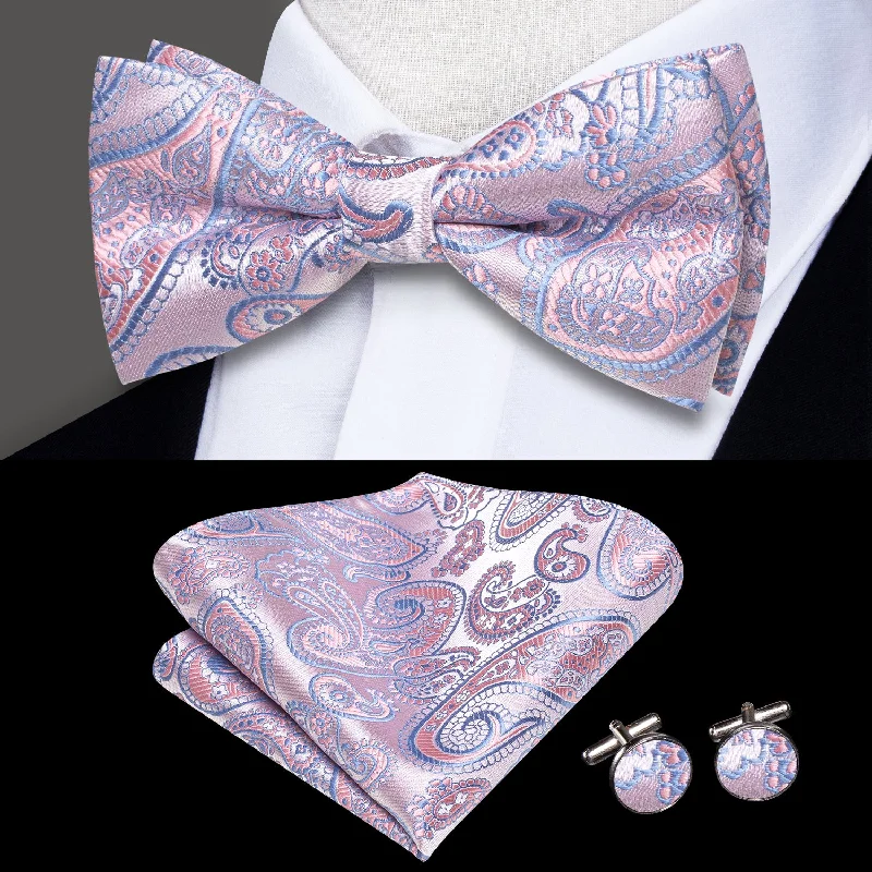 Light Purple Paisley Men's Pre-tied Bowtie Pocket Square Cufflinks Set