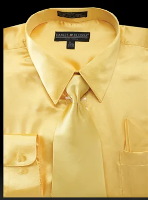 Satin Dress Shirt Convertible Cuff Regular Fit in Gold With Tie And Pocket Square