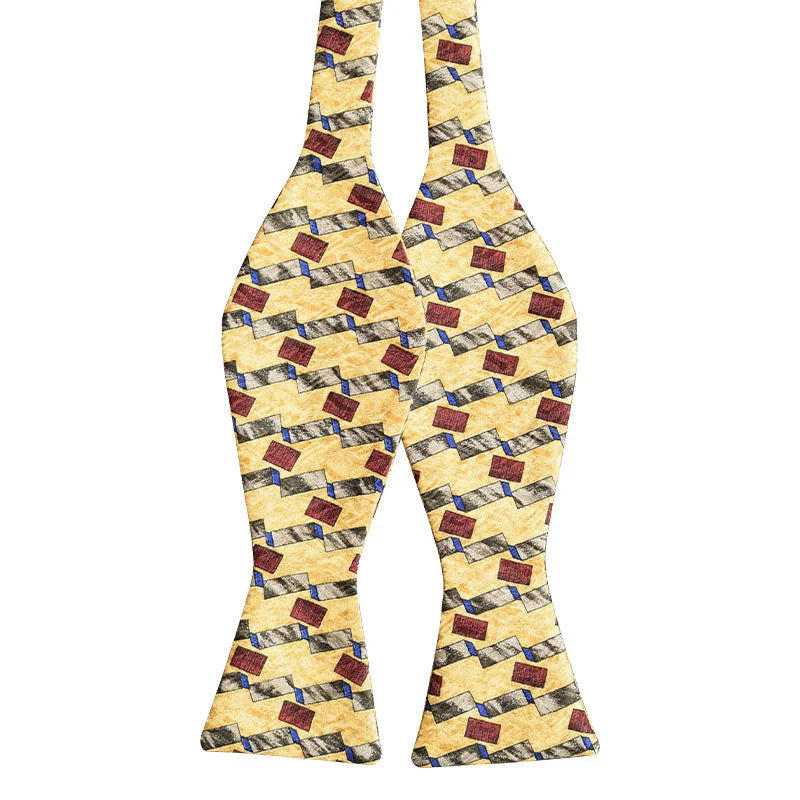 Yellow bowtie with grey and burgundy squares