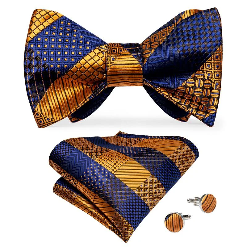 Yellow Blue Plaid Self-tied Bow Tie Pocket Square Cufflinks Set