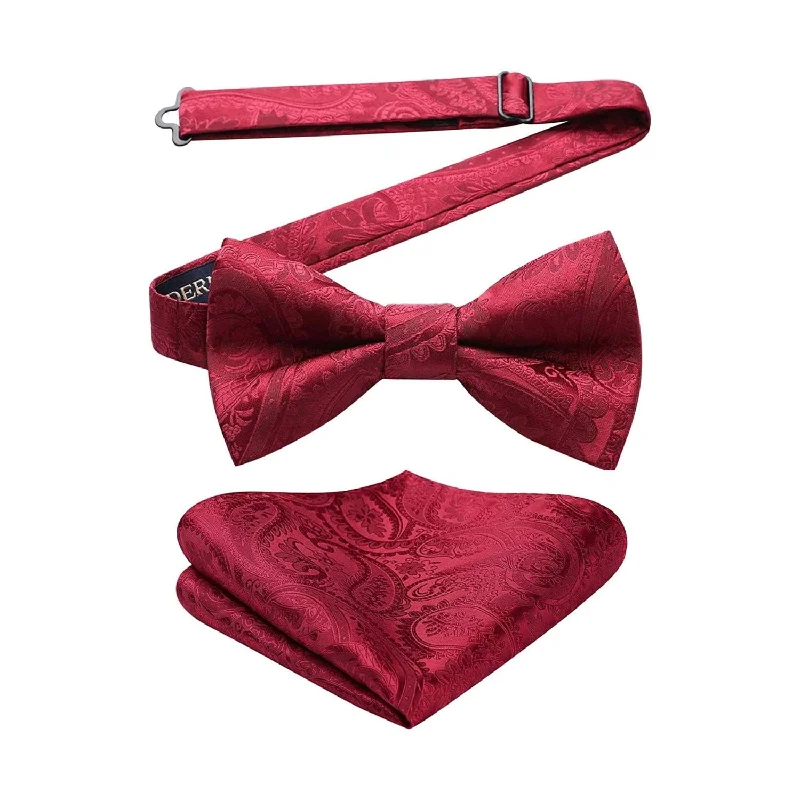 Paisley Pre-Tied Bow Tie & Pocket Square - BURGUNDY