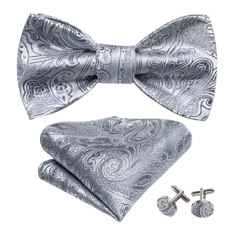 Silver Paisley Bow Tie Hanky Cufflinks Set