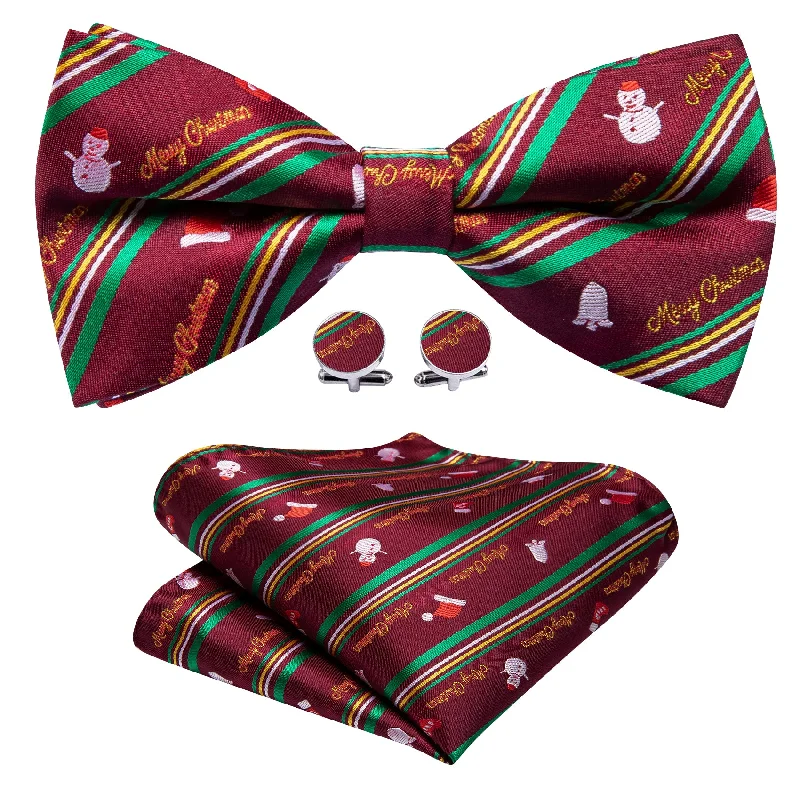 Barry Wang Christmas Green Red Xmas Snowman Pre Tied Mens Bow Tie Set