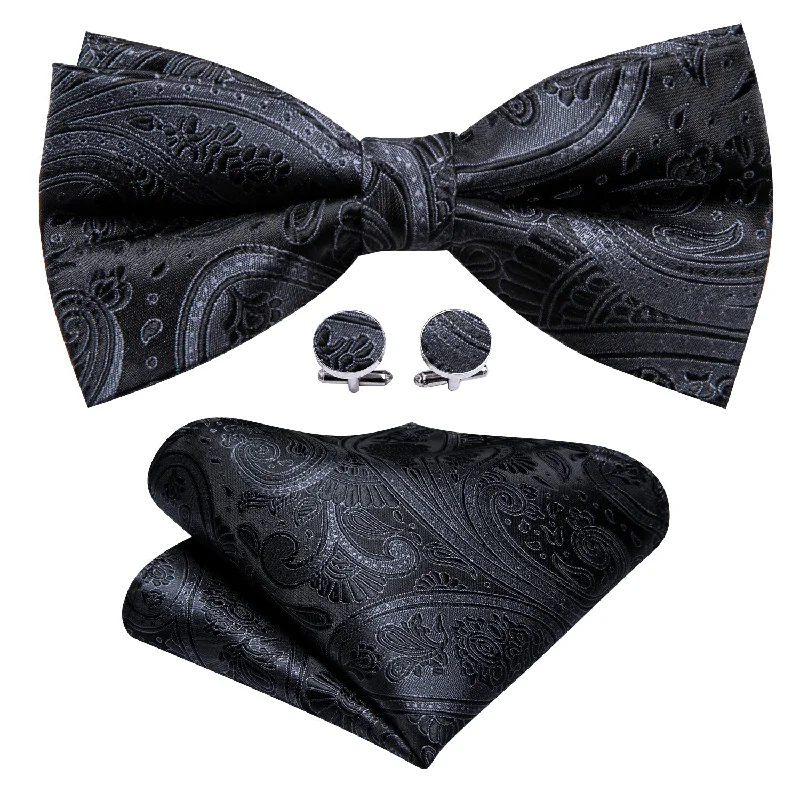 Barry Wang Black Grey Paisley Pre-tied Men Bow Tie Hanky Cufflinks Set