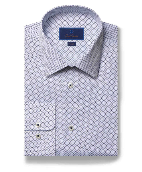 David Donahue Dress Shirt - White/Navy Geometric Print (Trim)