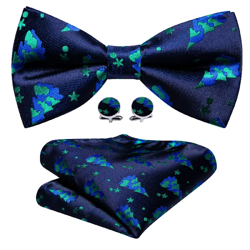 Barry Wang Christmas Blue Xmas Tree Silk Bow Tie Hanky Cufflinks Set