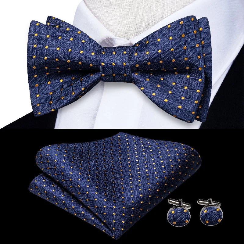 Royal Blue Yellow Plaid Self-tied Bow Tie Pocket Square Cufflinks Set