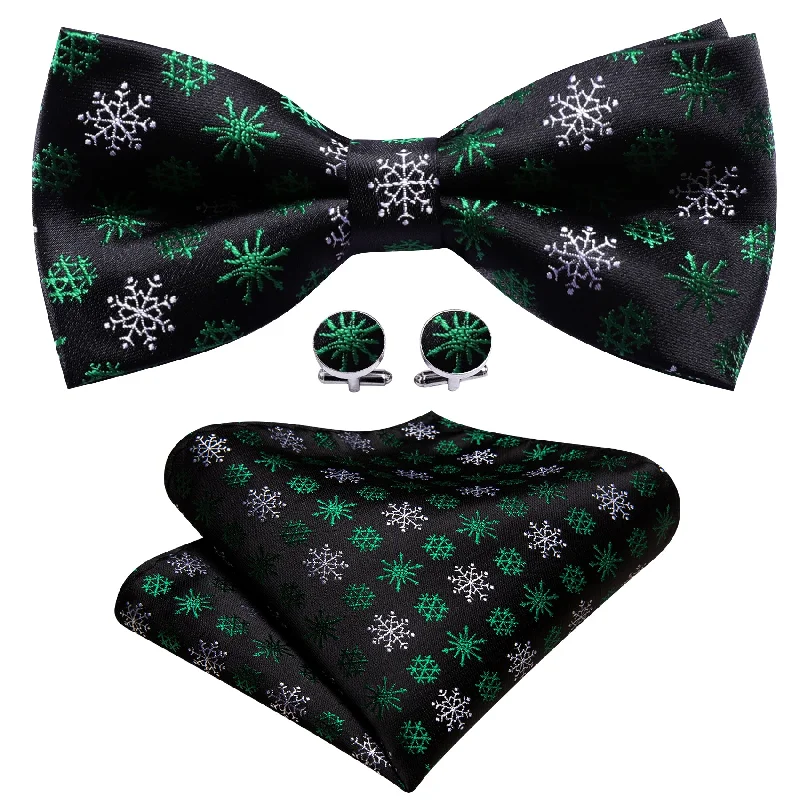 Barry Wang Christmas Black White Snowflake Silk Pre Tied Bow Tie Set