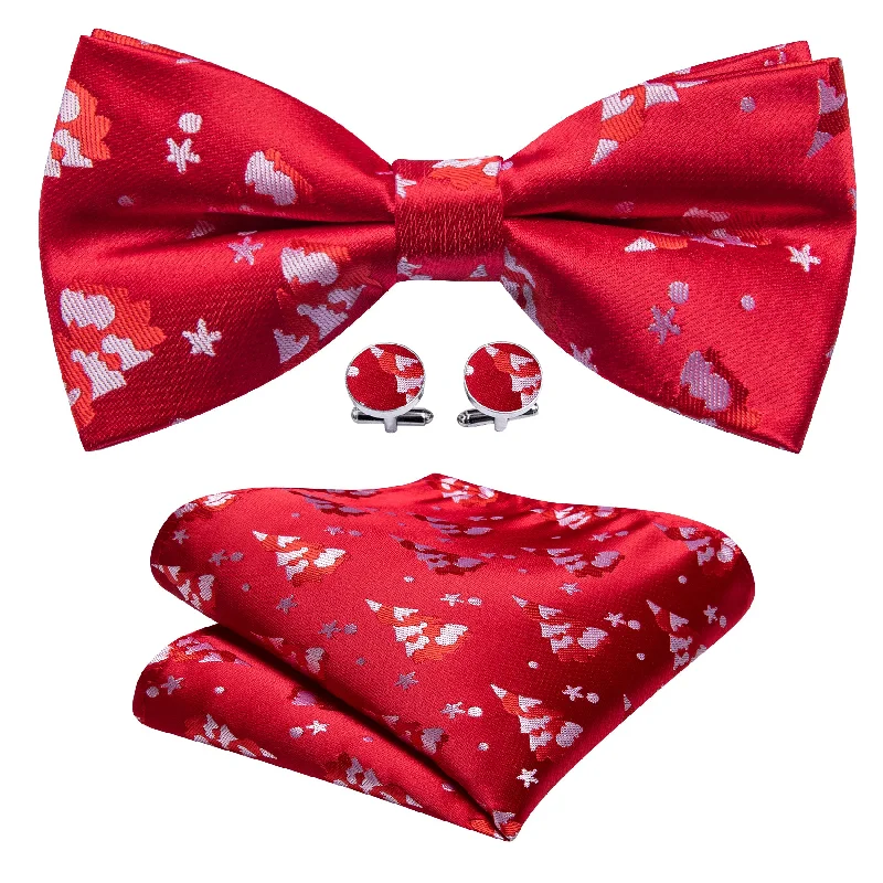 Christmas Red White Xmas Tree Silk Bow Tie Hanky Cufflinks Set