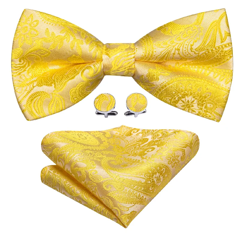 Barry Wang Gold Yellow Paisley Pre-tied Bow Tie Hanky Cufflinks Set