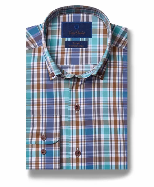 David Donahue Fusion Shirt - Navy and Teal Plaid