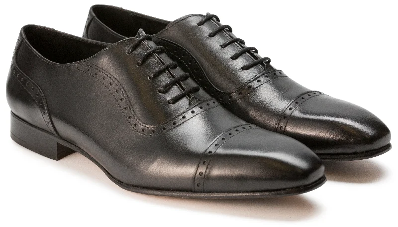 Luciana 6319 Black Leather Brogue Detailed Cap Toe Oxford