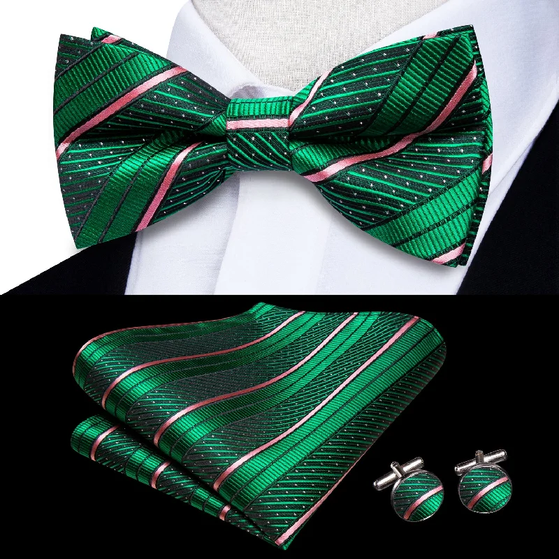 Green Pink Striped Men's Pre-tied Bowtie Pocket Square Cufflinks Set