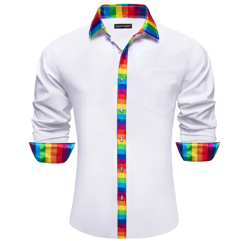 Barry Wang White Silk Shirt Splicing Rainbow Color Collar Cuff Shirt