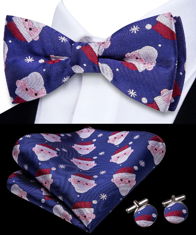 Christmas BluePurple Santa Claus Novelty Pre-tied Bowtie Pocket Square Cufflinks Set