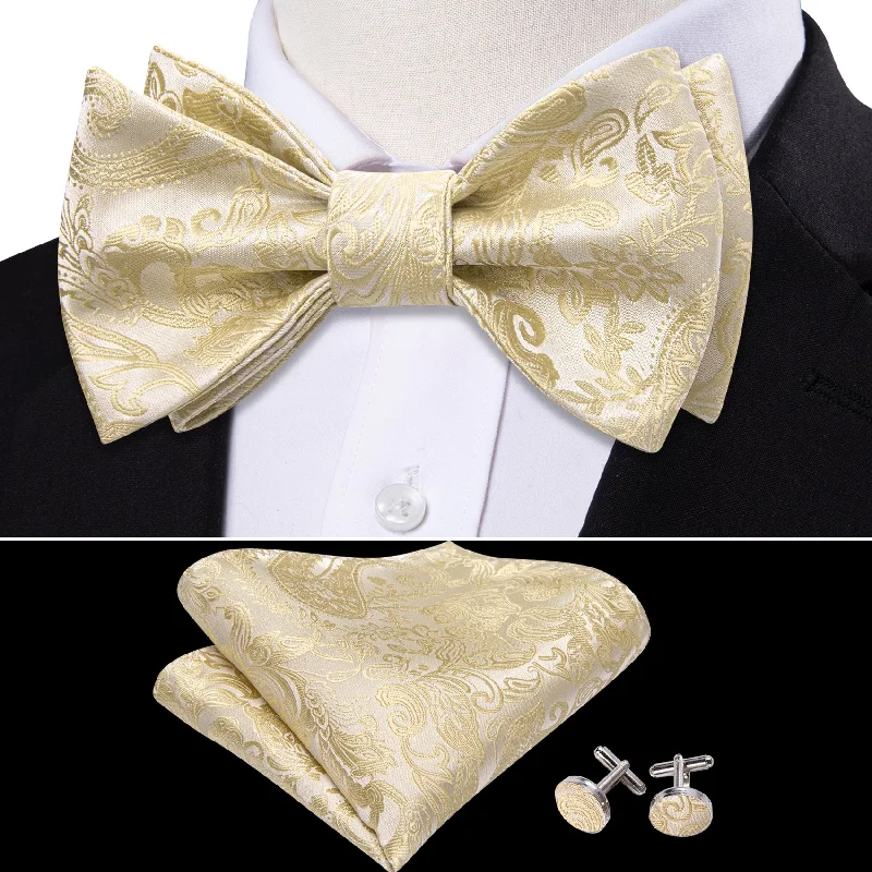 Linen Paisley Silk Bow Tie Hanky Cufflinks Set