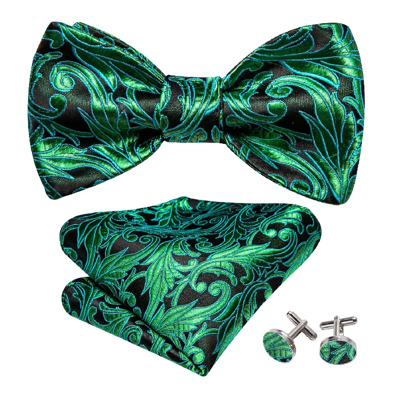 Fashion Green Paisley Bow Tie Hanky Cufflinks Set