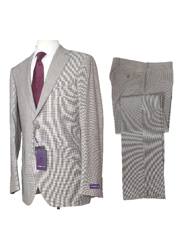 Napoli Mens 42L Tan Houndstooth 100% Reda Wool Slim Fit 2 Piece Suit