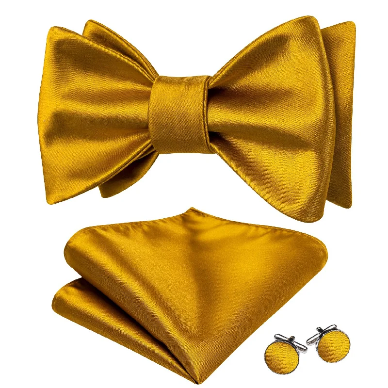 Barry Wang Gold Solid Tie Mens Self-Tied Bowtie Hanky Cufflinks Set