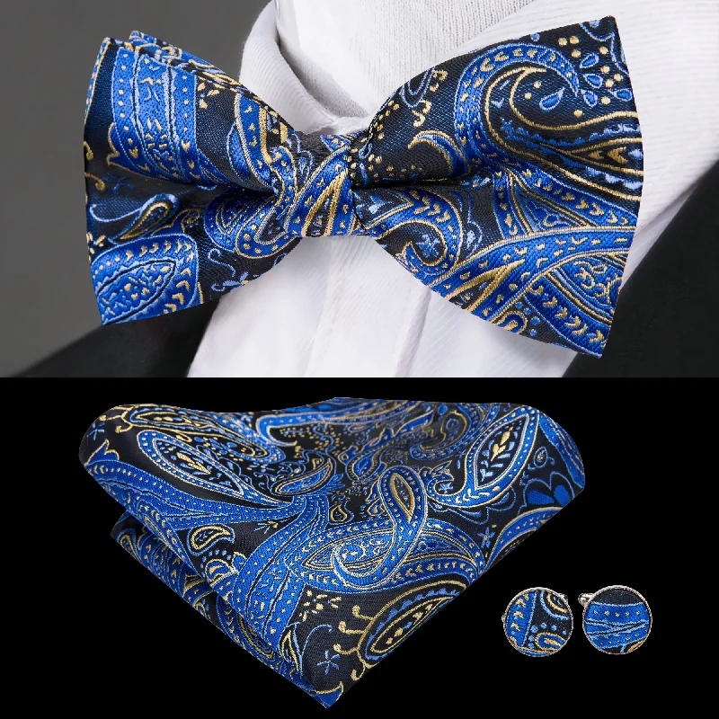 Black Blue Yellow Paisley Pre-tied Bow Tie Hanky Cufflinks Set