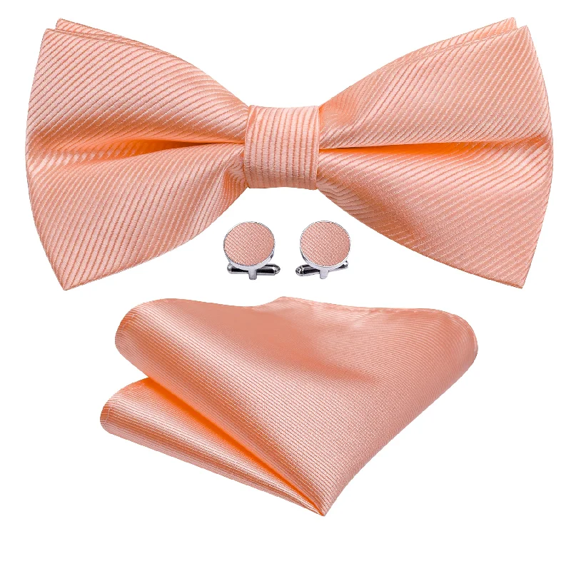 Pale Orange Solid Pre-tied Bow Tie Hanky Cufflinks Set