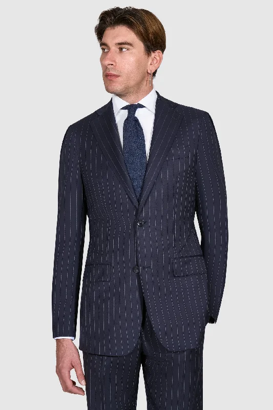 New SUITREVIEW Elmhurst Navy Pinstripe Pure Wool Super 110s Notch Lapel Suit - Size 38L and 42S