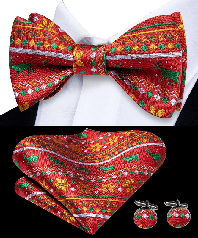 Red Green Christmas Deer Silk Self-tied Bow Tie Pocket Square Cufflinks Set