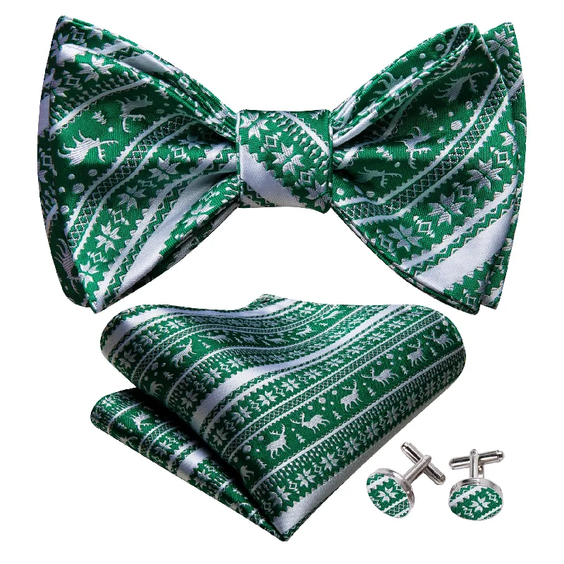 Barry Wang Christmas Green White Self Tied Bow Tie Hanky Cufflinks Set