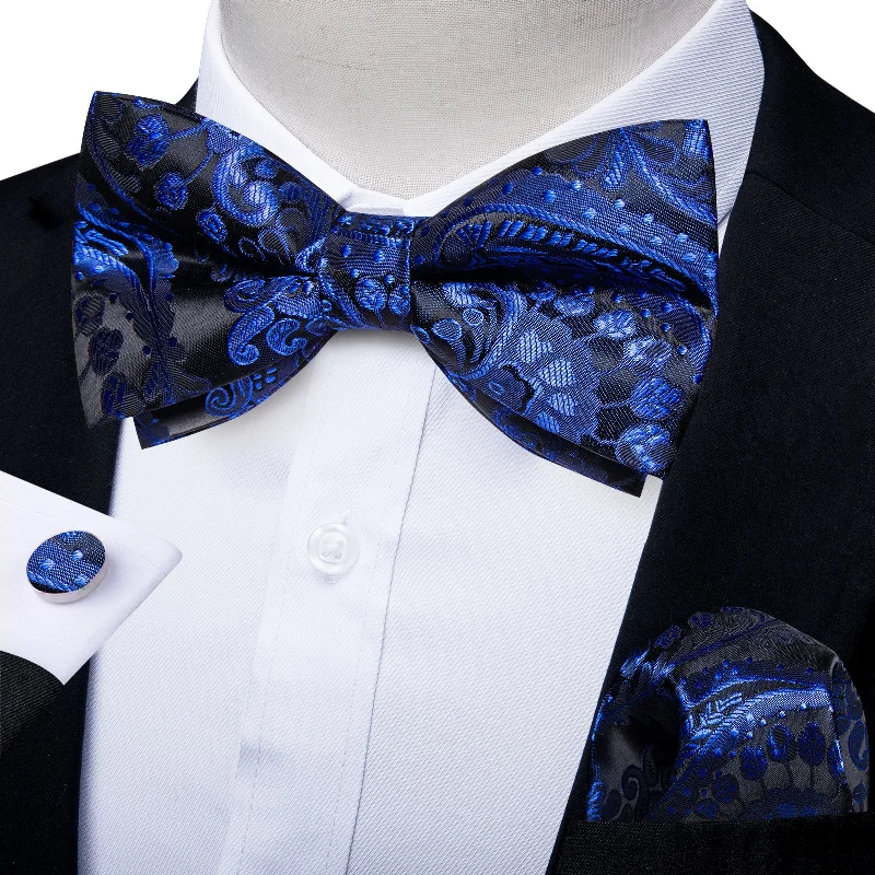 Royal Blue Paisley Men's Pre-tied Bowtie Pocket Square Cufflinks Set