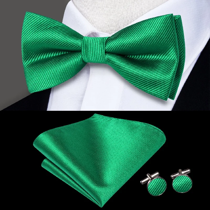 Crass Green Striped Men's Pre-tied Bowtie Pocket Square Cufflinks Set