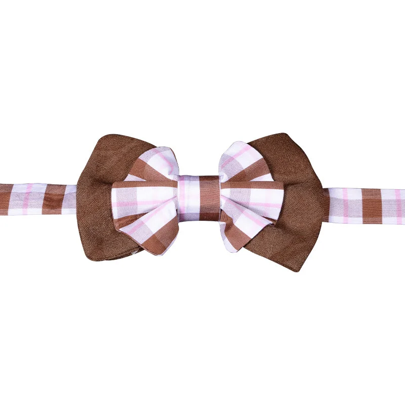 Brown bowtie with white, brown and pink plaid