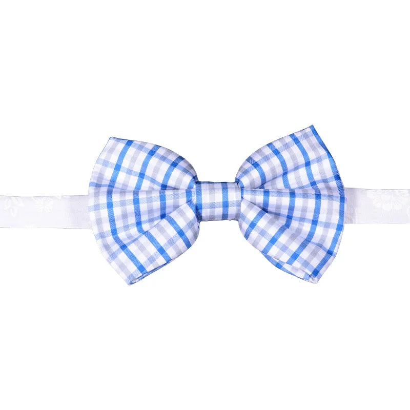 White bowtie with blue/grey plaid