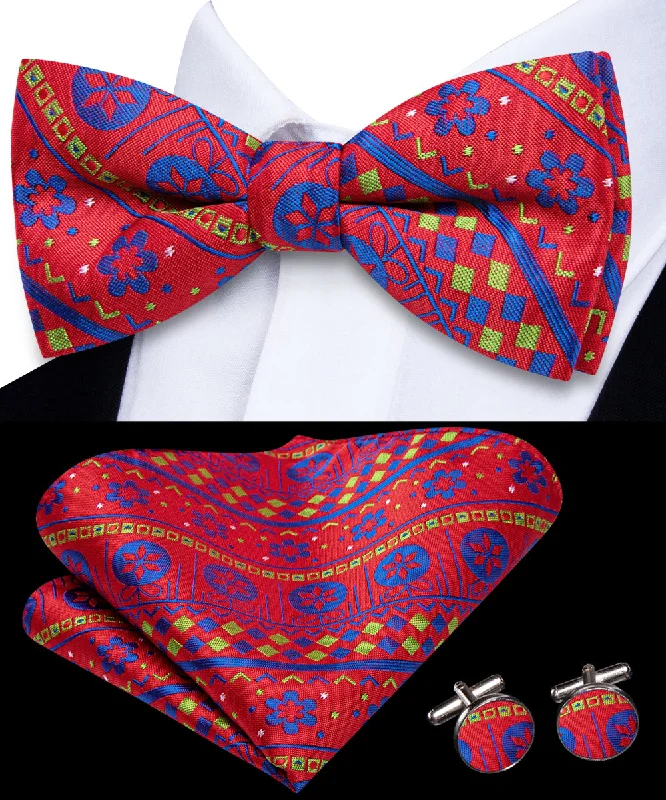 Red Christmas Blue Flower Pre-tied Bowtie Pocket Square Cufflinks Set