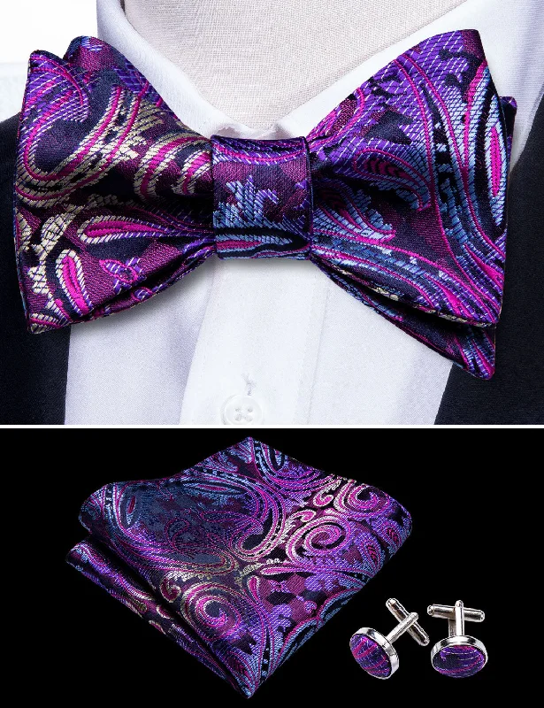 Ties2you Purple Bow Tie Gradient Paisley Self-Bow Tie handkerchief Cufflinks Set Luxury Design