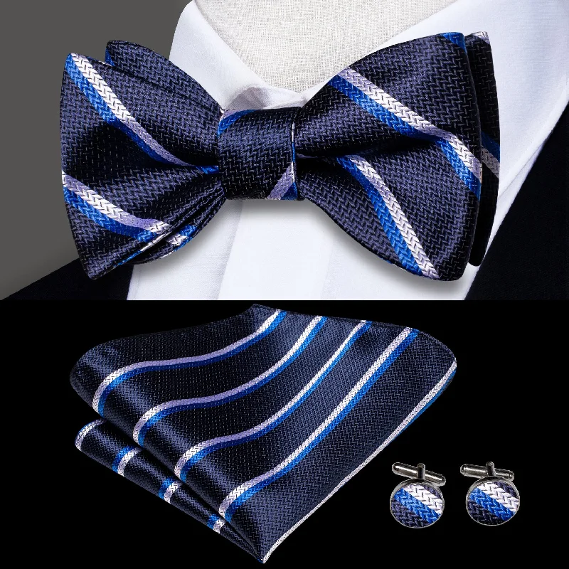 Royal Blue Striped Self-tied Bow Tie Pocket Square Cufflinks Set