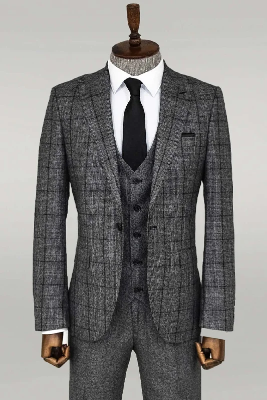 Slim Fit Checked Dark Grey Men Suit - Wessi