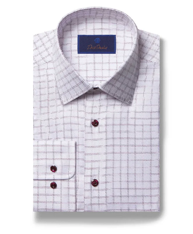 David Donahue Dress Shirt - White/Merlot Herringbone Windowpane (Regular Fit)