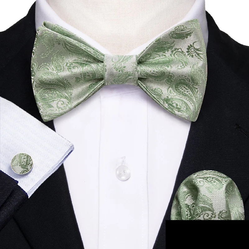 Avocado Green Paisley Self-tied Bow Tie Pocket Square Cufflinks Set