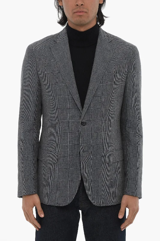 Corneliani Cc Collection Linen Blend Right Blazer With Houndstooth Patt