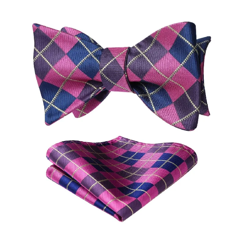 Plaid Bow Tie & Pocket Square Sets - A-NAVY BLUE/PINK