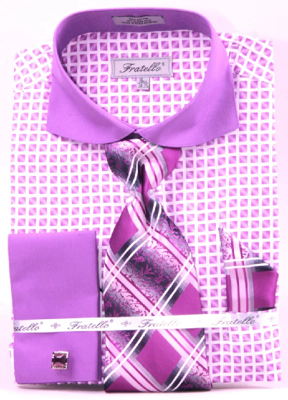 French Cuff Checker Pattern Cotton Shirt in Lilac