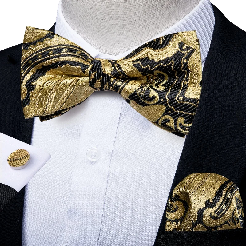 Golden Black Paisley Men's Pre-tied Bowtie Pocket Square Cufflinks Set