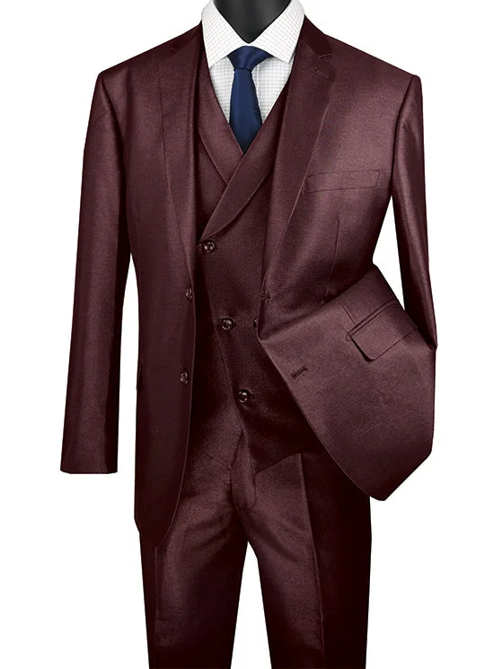 Burgundy Modern Fit Shiny Sharkskin 2 Button 3 Piece Suit