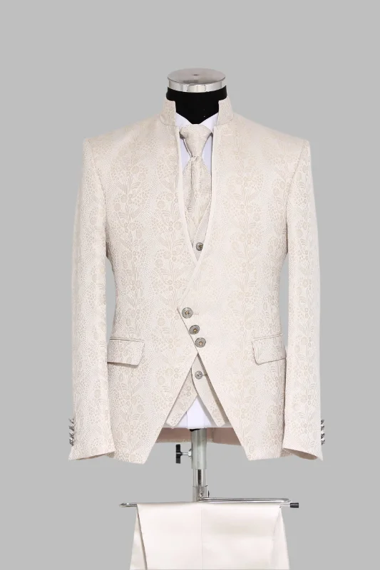 3-Piece Mandarin Collar Patterned Asymmetric Cut Ivory Men's Tuxedo - Wessi