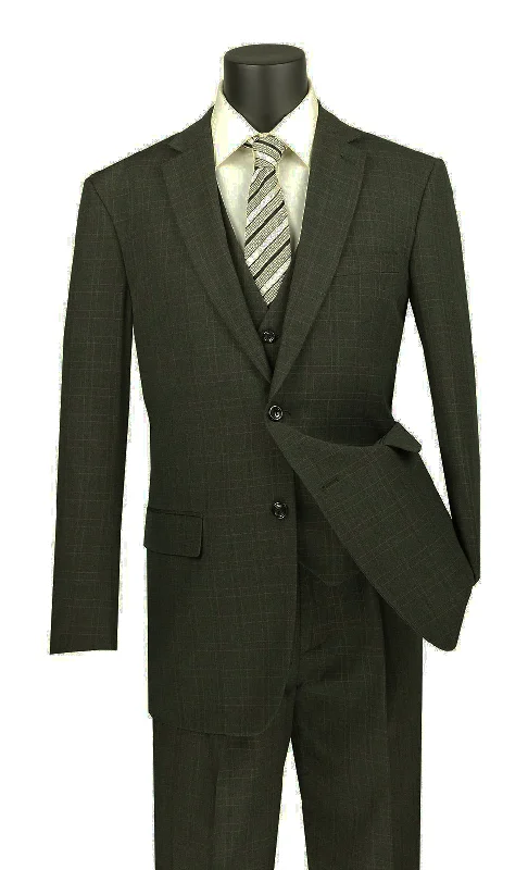 Olympia Collection - Glen Plaid Regular Fit Suit 3 Piece Olive