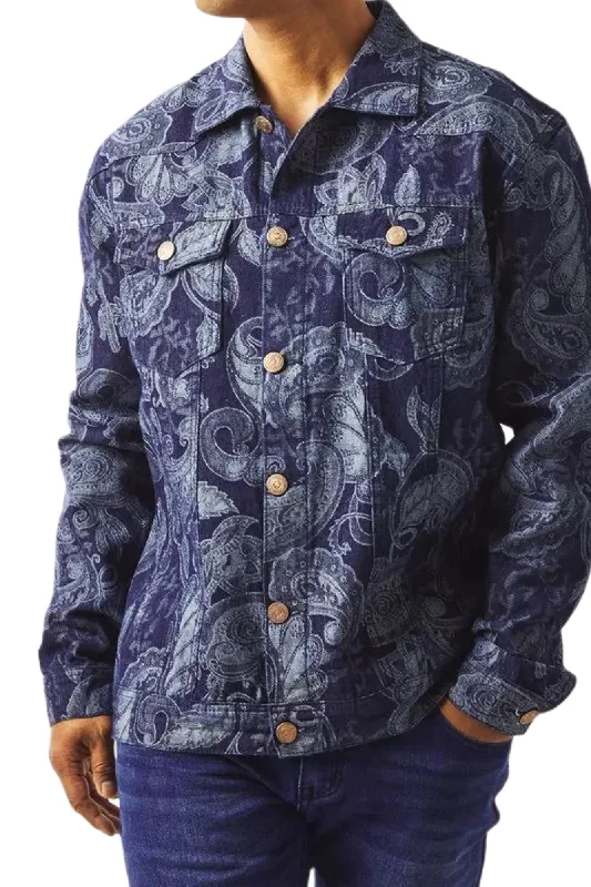 Gents Fancy Jacquard Denim Full Cut Jacket In Navy