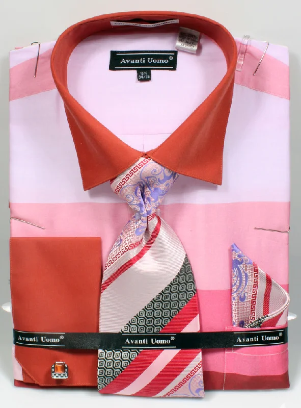 French Cuff Shirt in Pink with Tie, Cuff Links, and Pocket Square