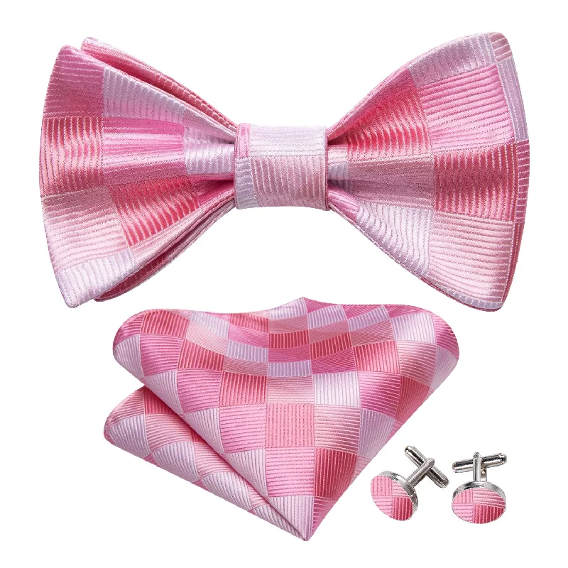 Pink Plaid Silk Bow Tie Hanky Cufflinks Set